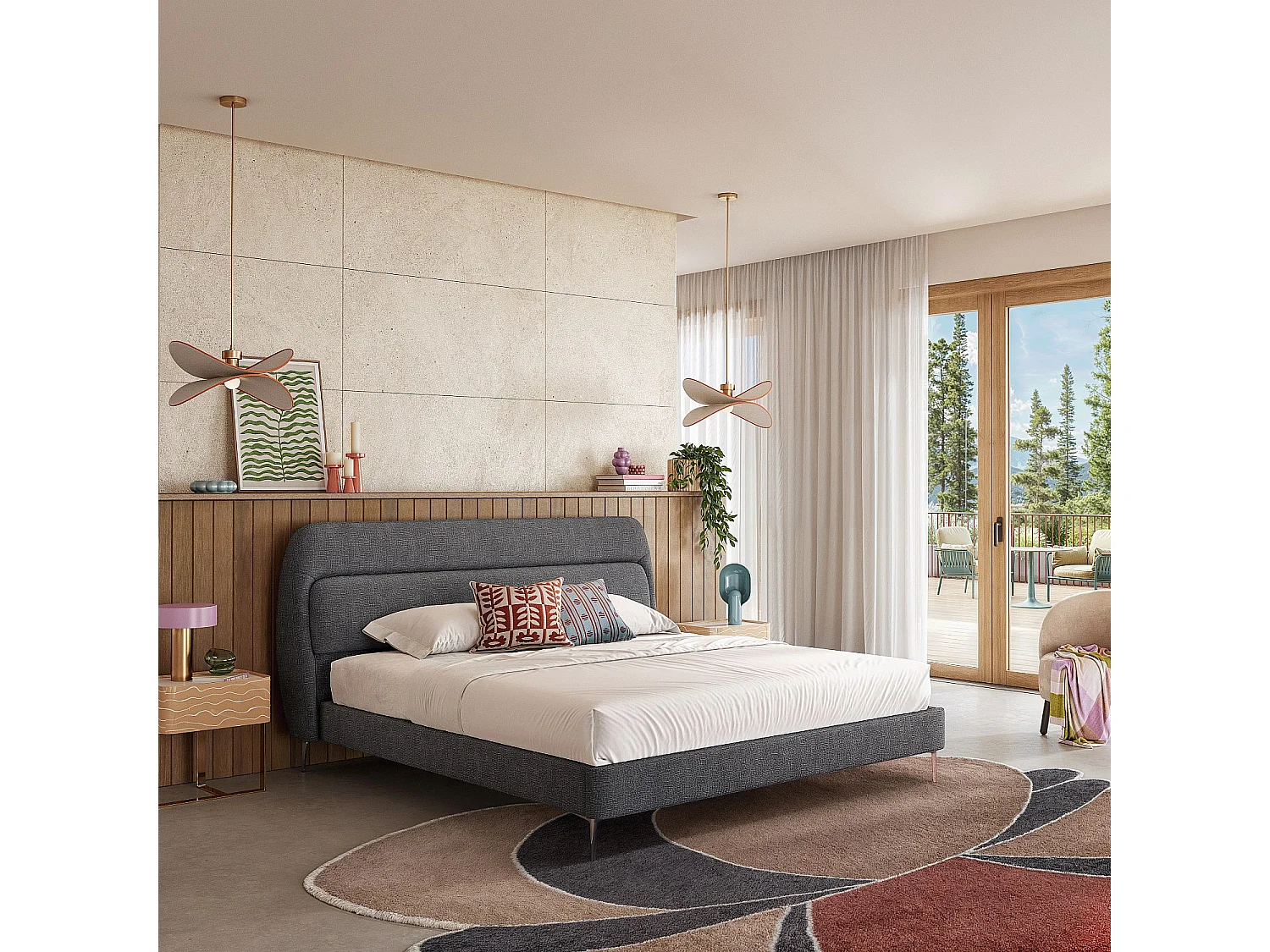 Habitat - Ensemble lit 160 x 200 cm en tissu et matelas Hybride Excellence - Gris galet - Izmir