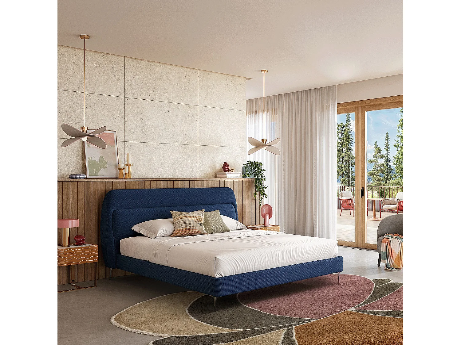 Habitat - Ensemble lit 160 x 200 cm en tissu 3D et matelas Hybride Excellence - Bleu marine - Izmir