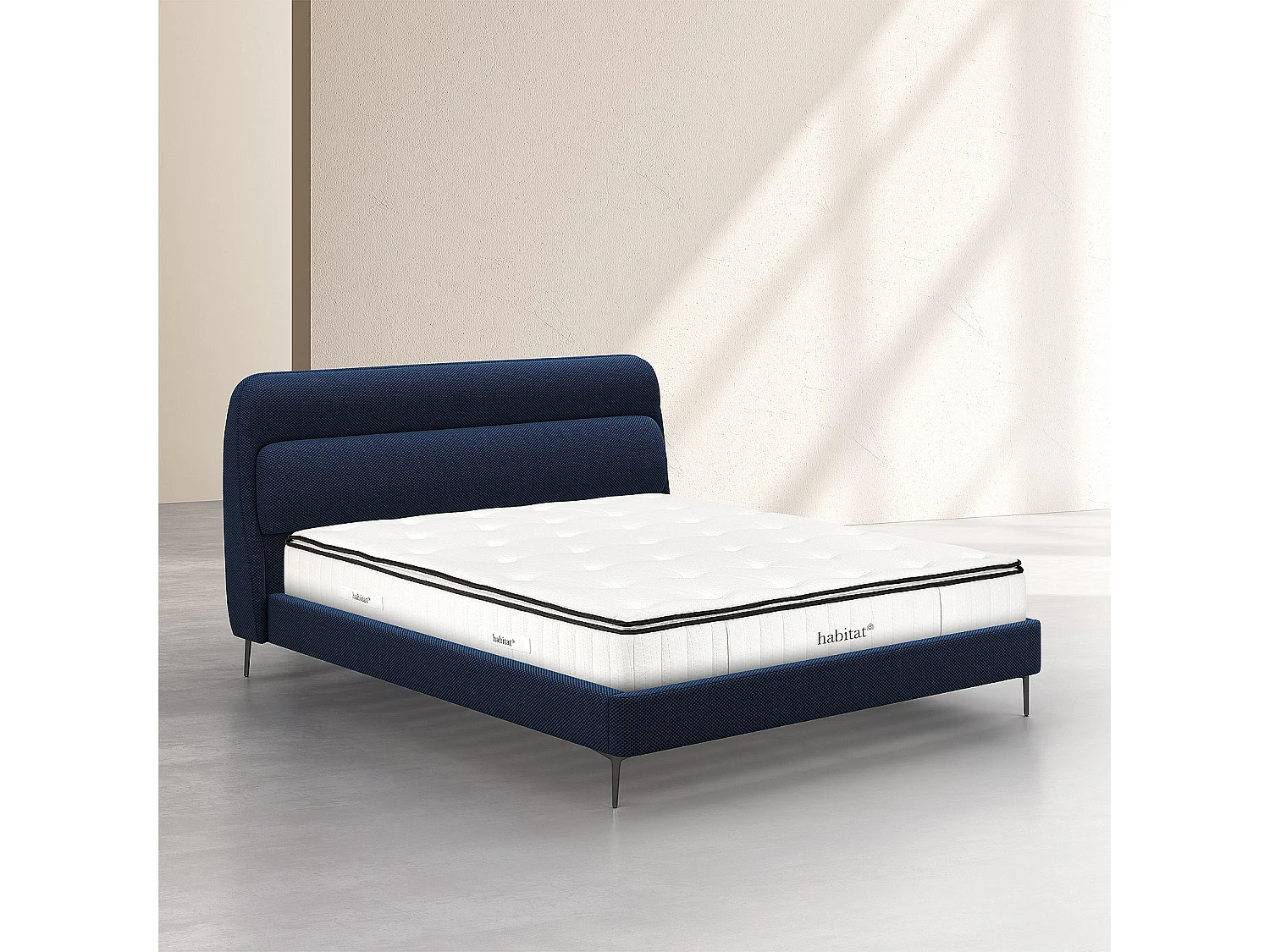 Habitat - Ensemble lit 160 x 200 cm en tissu 3D et matelas Hybride Excellence - Bleu marine - Izmir