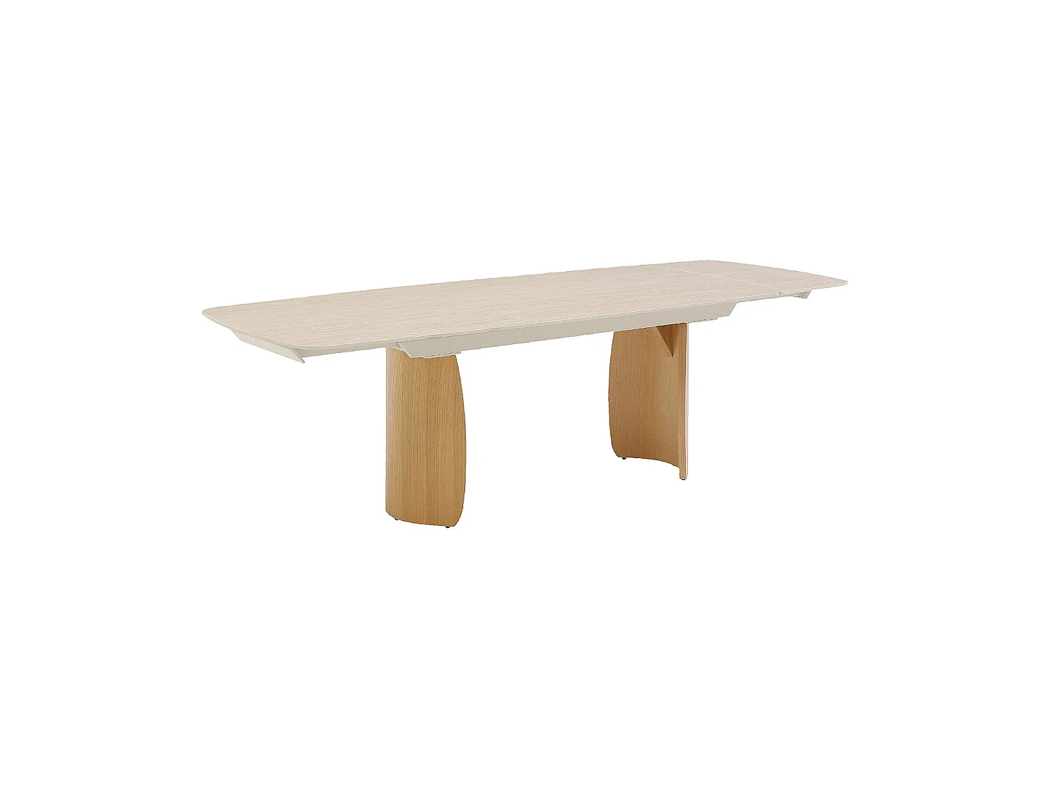 Habitat - Table à manger rectangulaire extensible en céramique effet travertin et pieds finition chêne - 6 à 10 couverts - Beige - Bianca