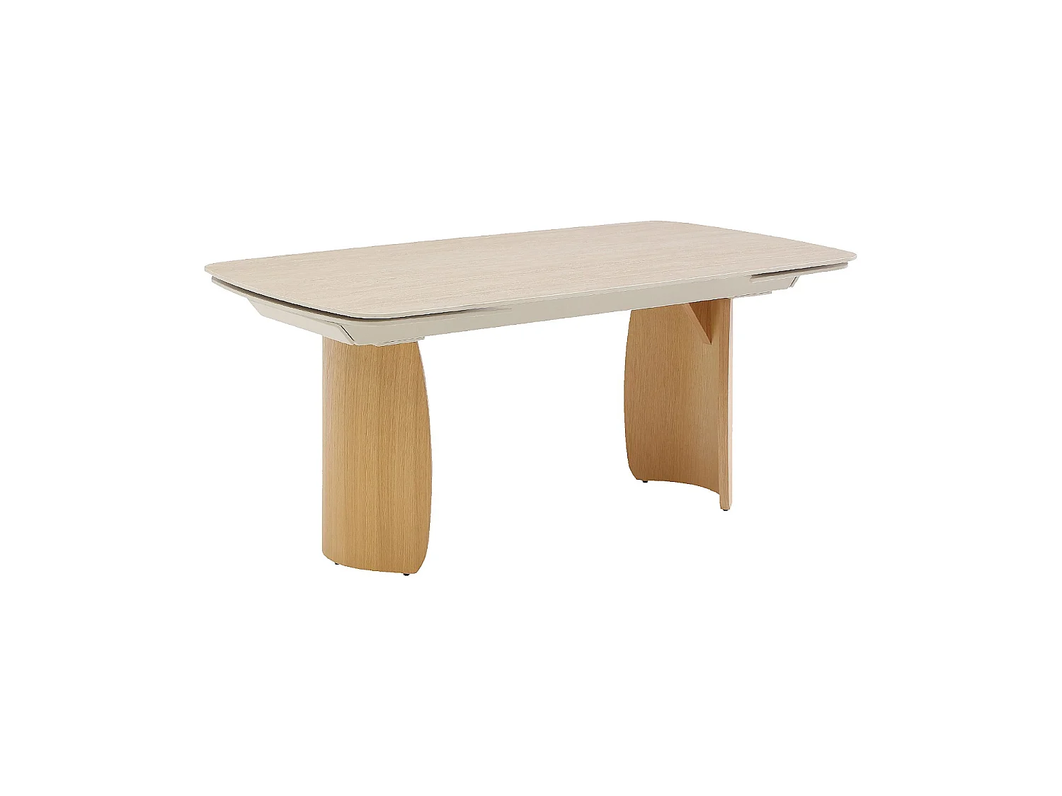 Habitat - Table à manger rectangulaire extensible en céramique effet travertin et pieds finition chêne - 6 à 10 couverts - Beige - Bianca