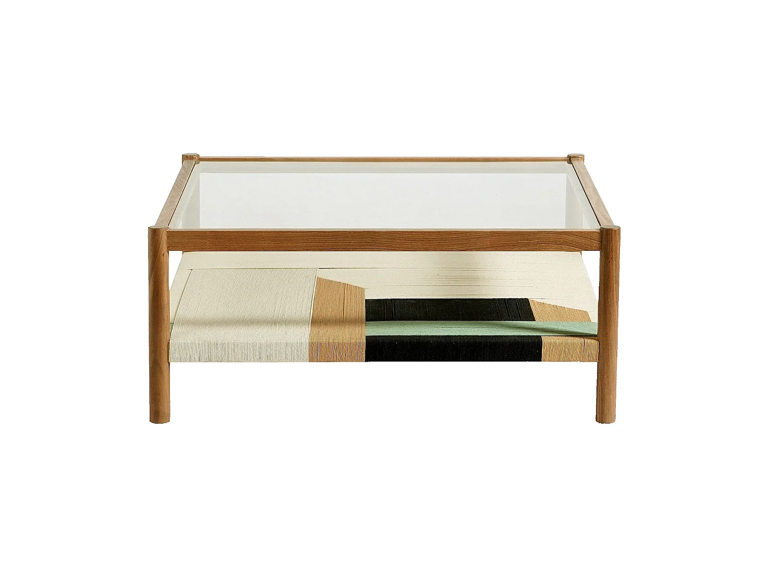Habitat - Table basse carrée en bois massif, verre trempé et fils de coton tissés - Naturel - Calen