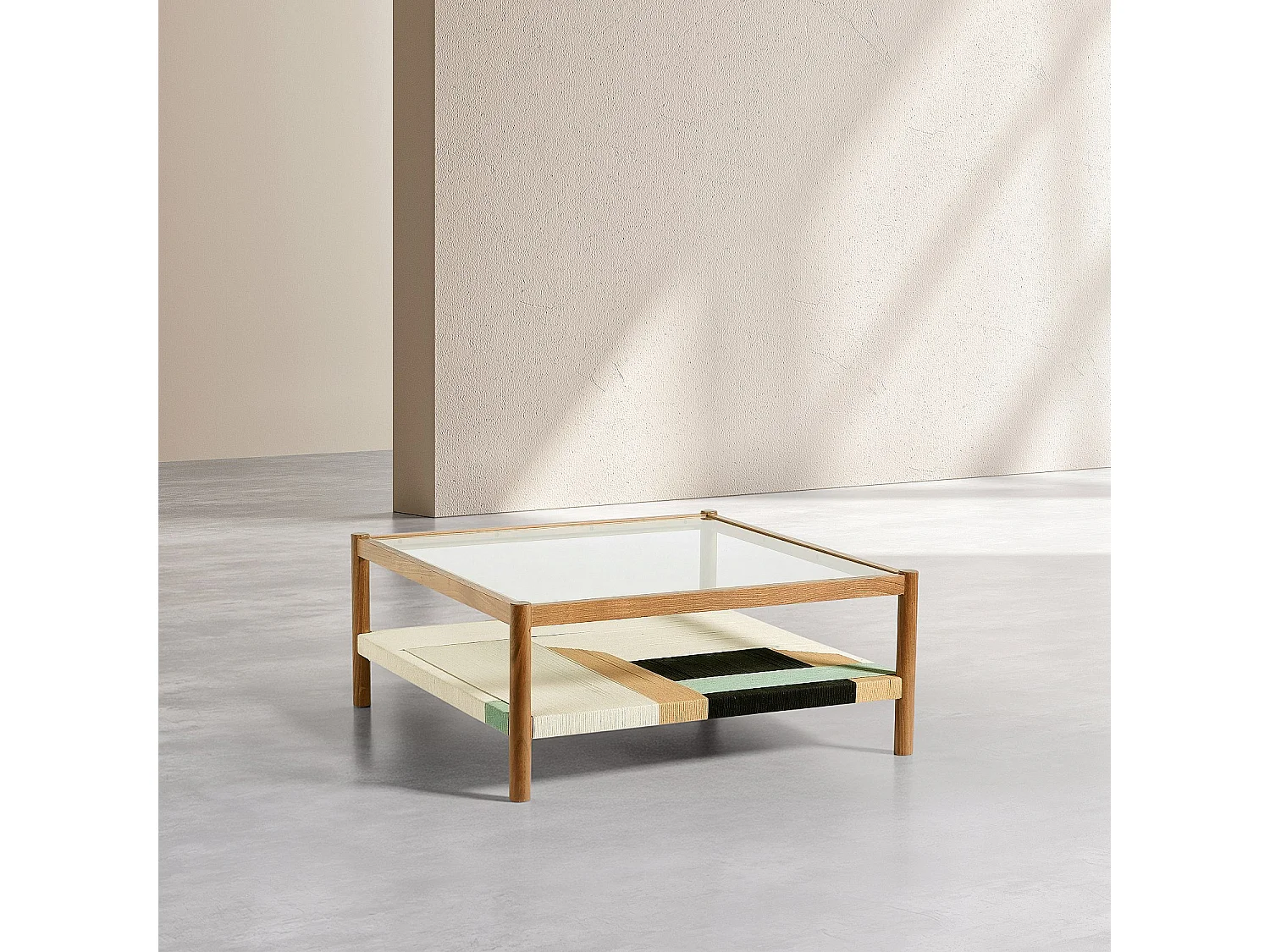 Habitat - Table basse carrée en bois massif, verre trempé et fils de coton tissés - Naturel - Calen