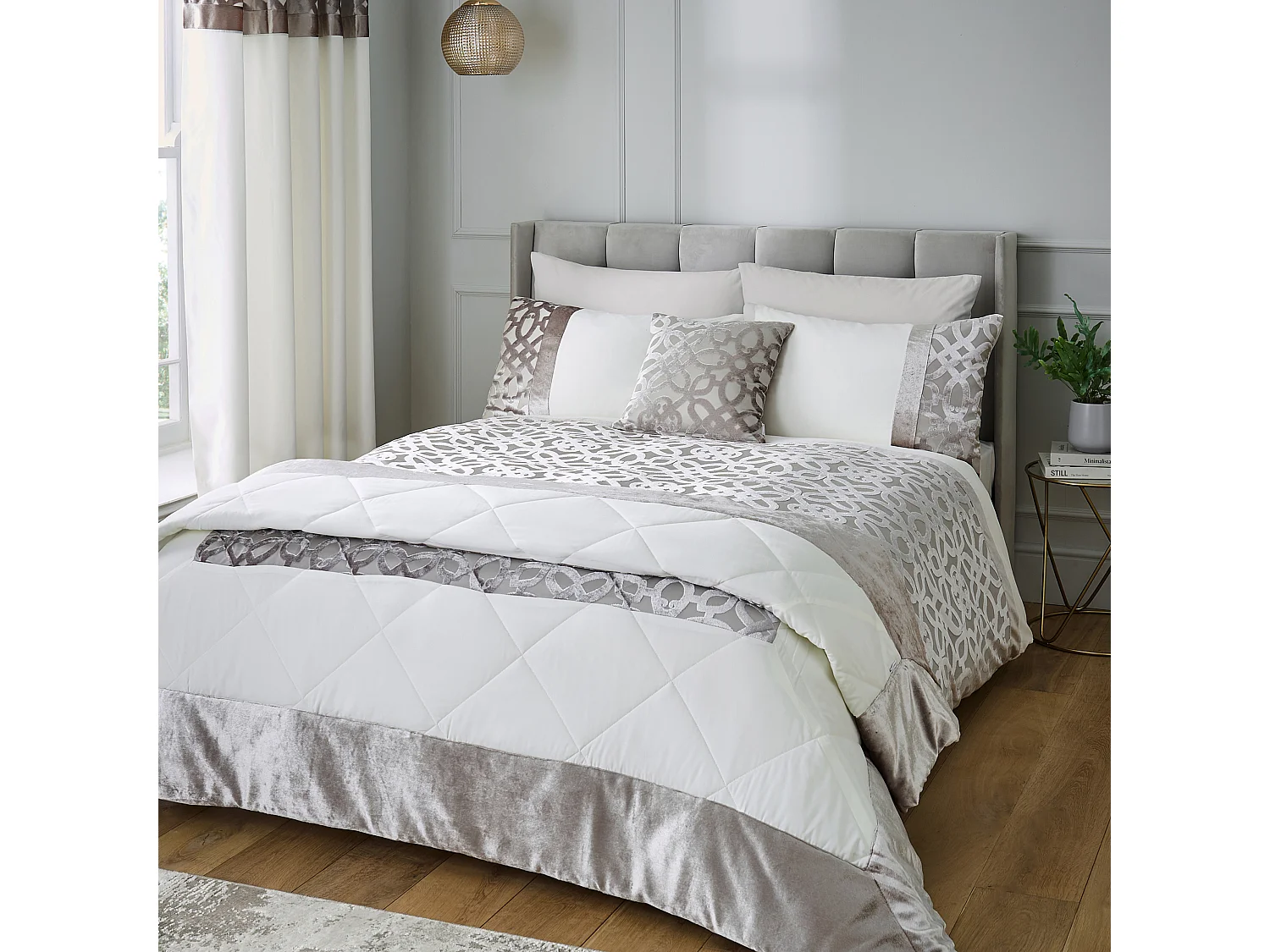 Catherine Lansfield Lattice Cut Velvet Quilted 220x230cm Bedspread Natural
