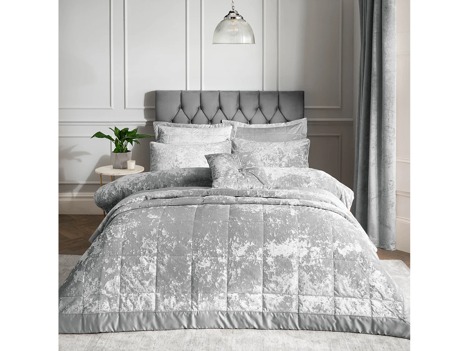 Catherine Lansfield Crushed Velvet Quilted 220x220cm Bedspread Silver Grey