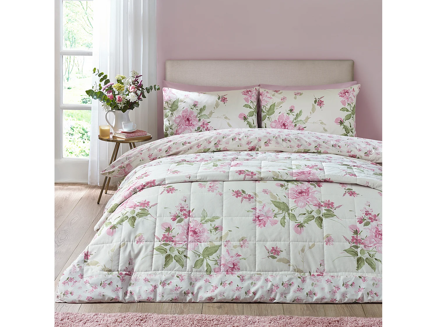 Catherine Lansfield Avebury Floral Reversible Quilted 220x230cm Bedspread Cream