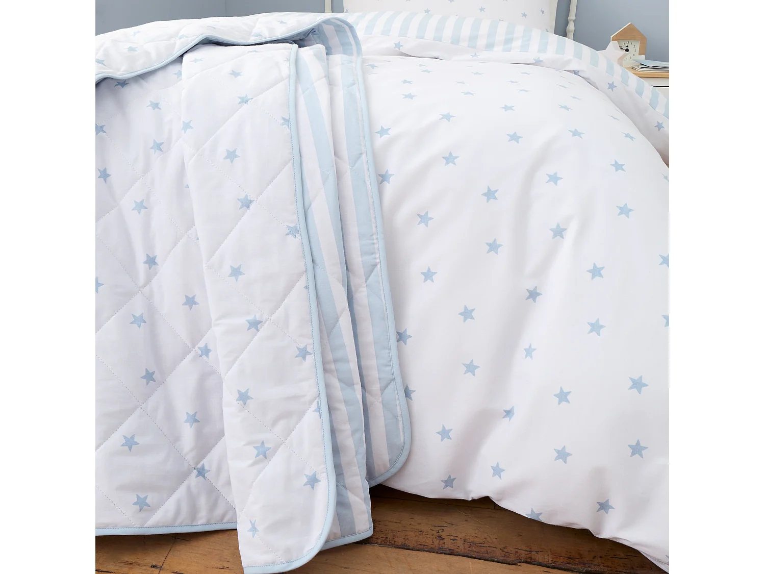 Bianca Fine Linens Mini Star & Stripes Cotton Reversible 200x200cm Bedspread Blue