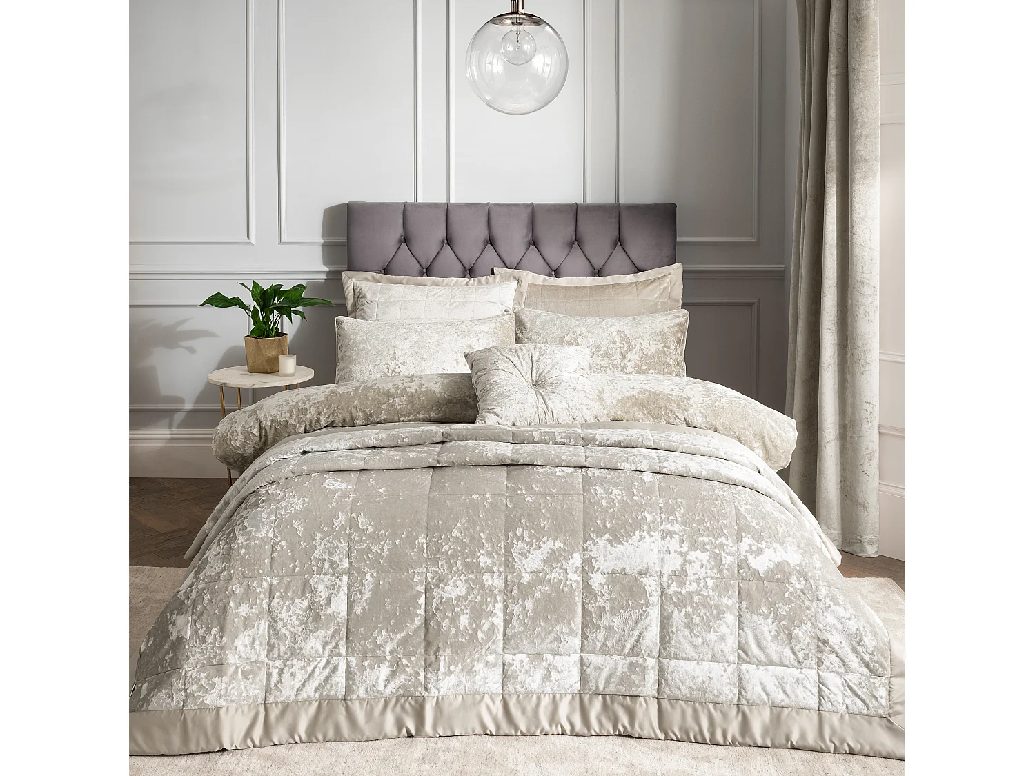 Catherine Lansfield Crushed Velvet Quilted 220x220cm Bedspread Natural