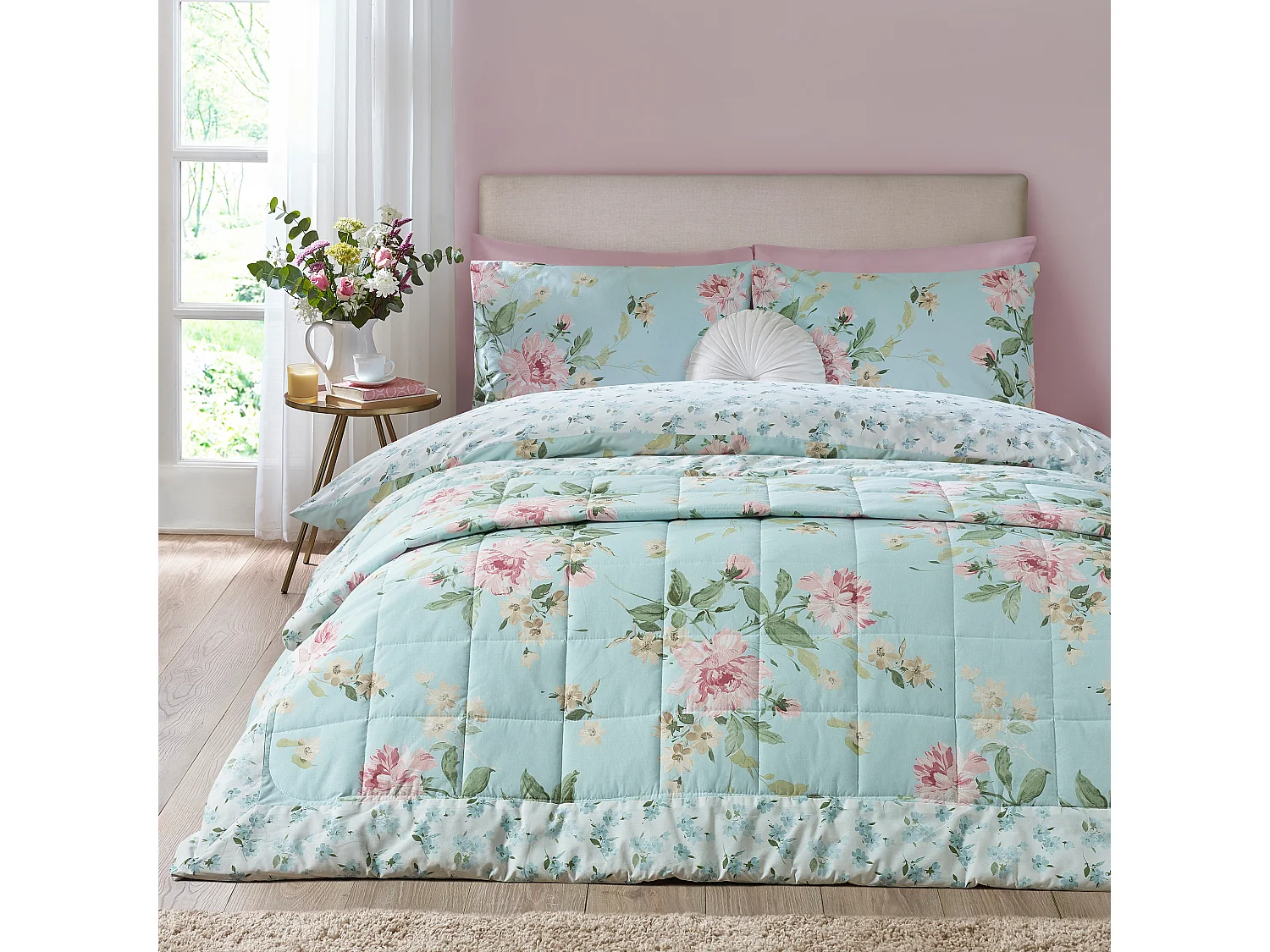 Catherine Lansfield Avebury Floral Reversible Quilted 220x230cm Bedspread Duck Egg Blue