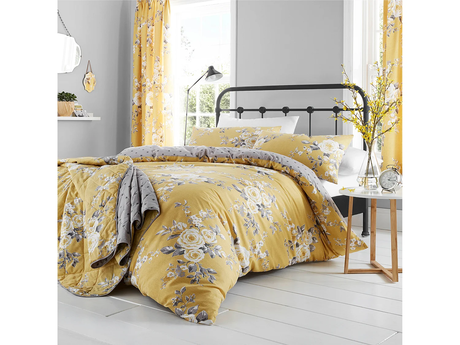 Catherine Lansfield Canterbury Floral Reversible Quilted 220x230cm Bedspread Ochre Yellow