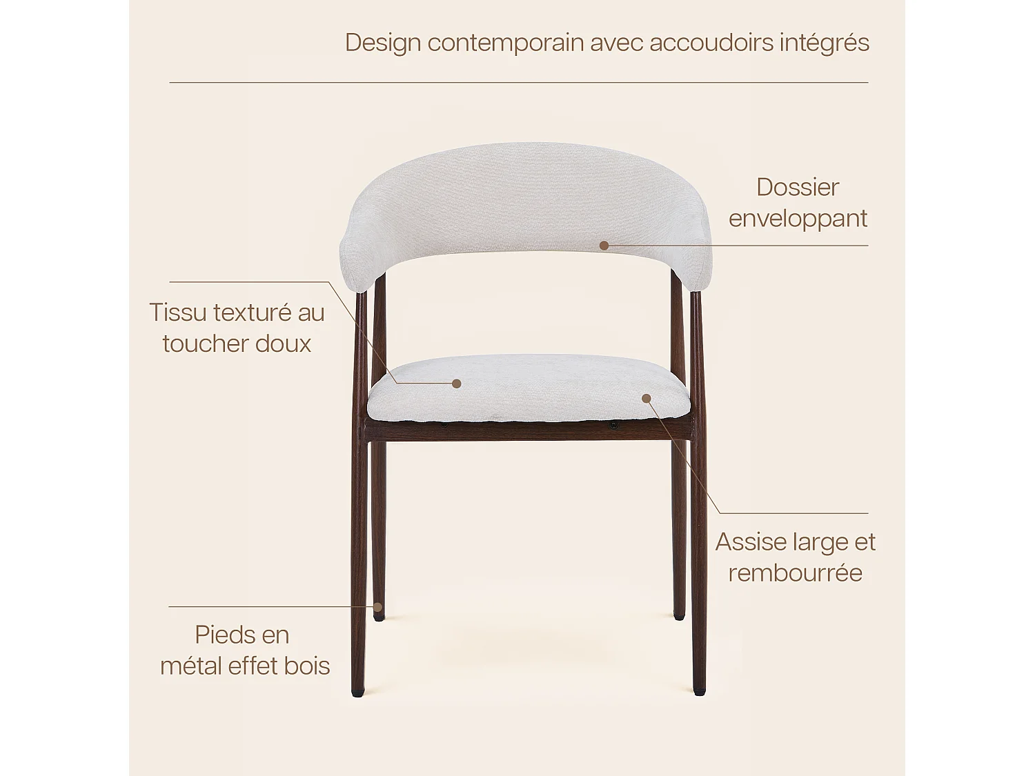 Set van 4 eetkamerstoelen met armleuning - Stof beige - Poten in donker walnotenhout-effect - LENA