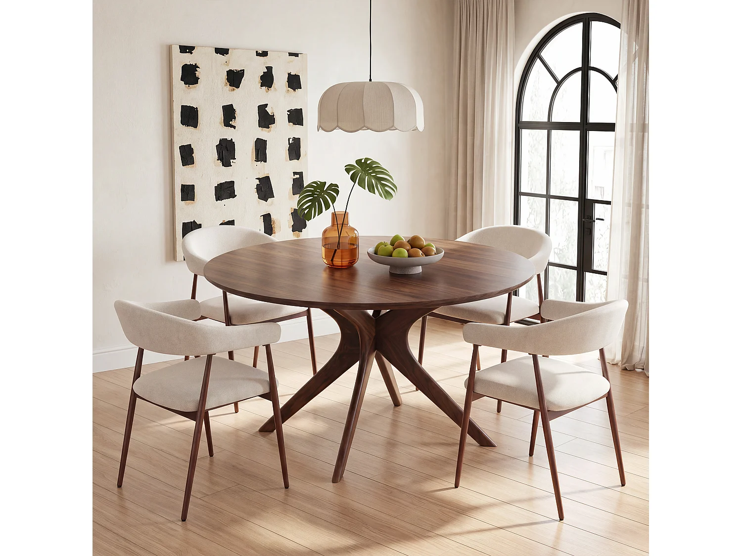 Set van 4 eetkamerstoelen met armleuning - Stof beige - Poten in donker walnotenhout-effect - LENA