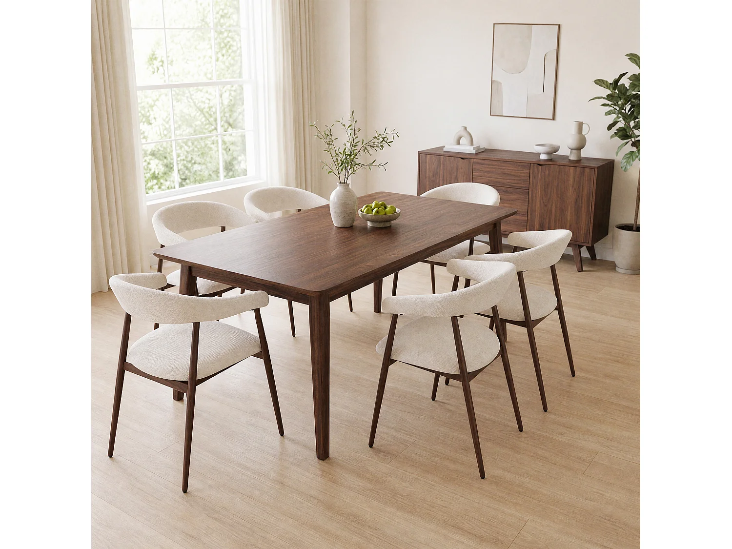 Set van 4 eetkamerstoelen met armleuning - Stof beige - Poten in donker walnotenhout-effect - LENA