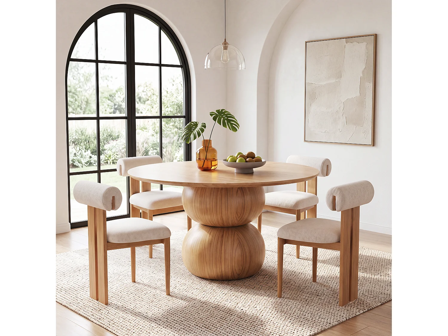 Set van 4 eetkamerstoelen - Stof beige - Poten in licht eikenhout-effect - MAYA