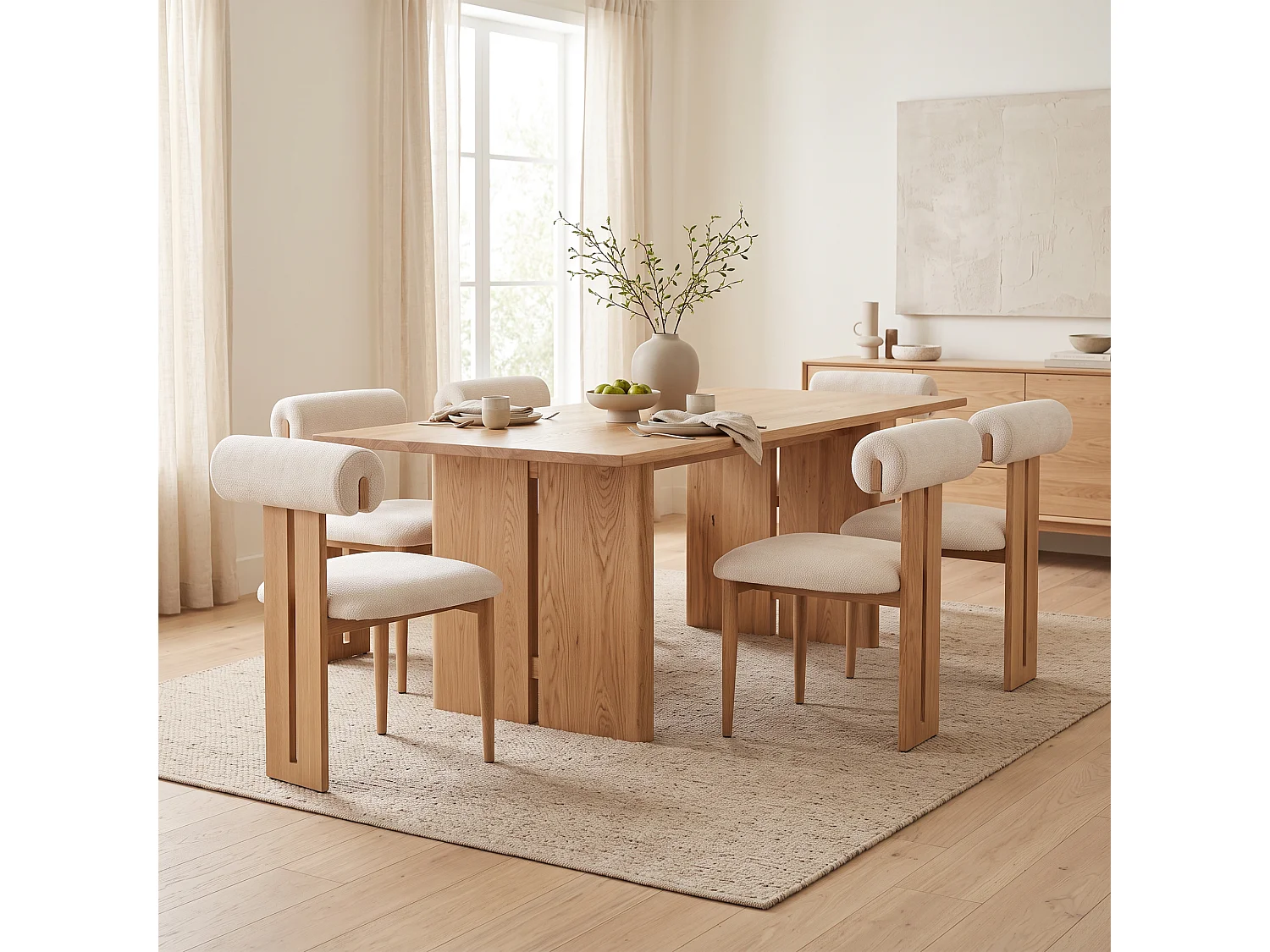 Set van 4 eetkamerstoelen - Stof beige - Poten in licht eikenhout-effect - MAYA