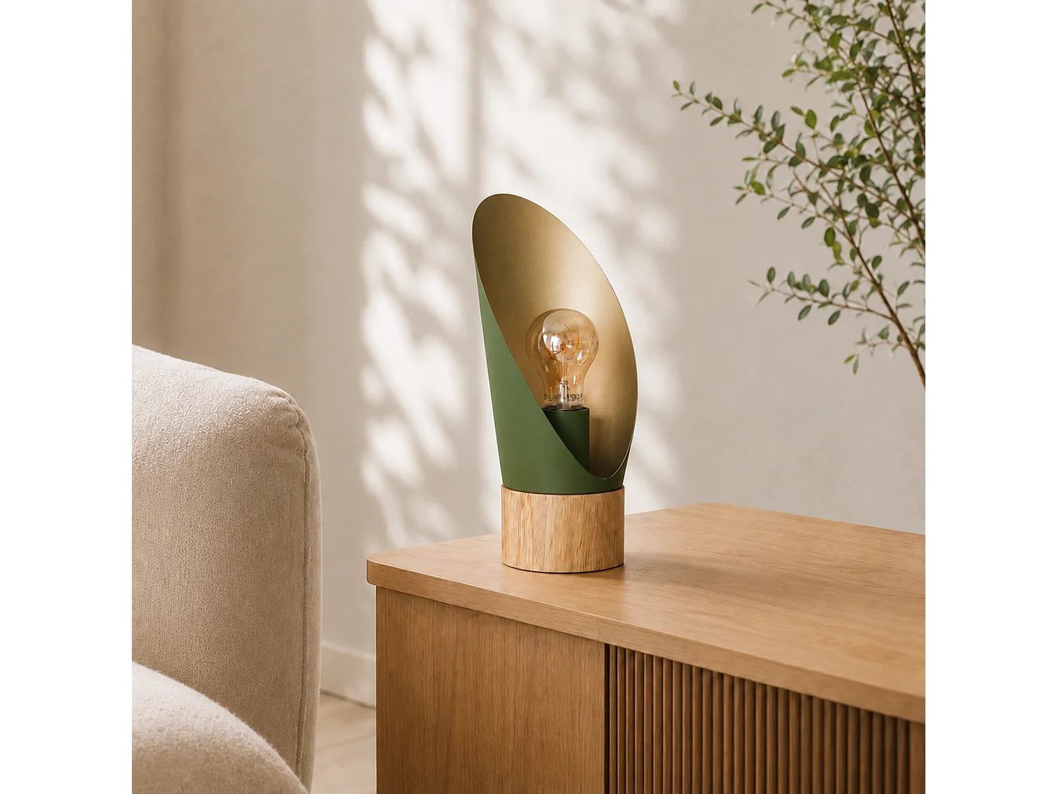 Lámpara de mesa de metal verde oliva y madera H30 cm - Spoon