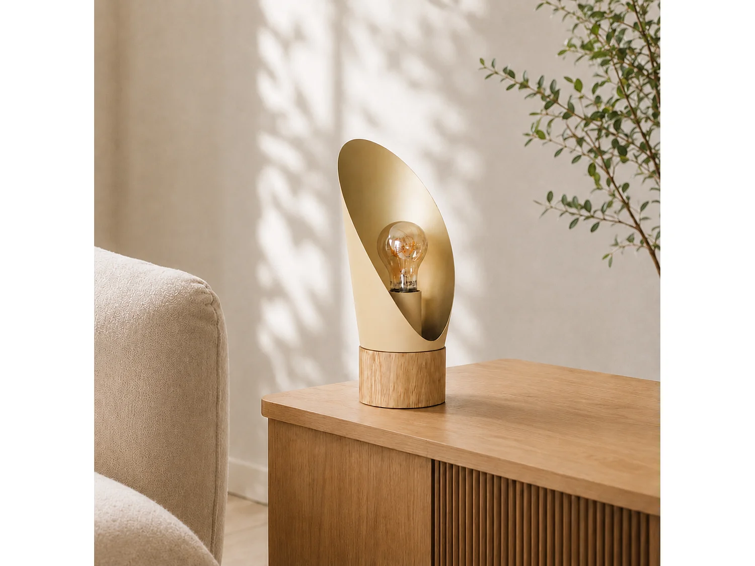 Cremefarbene Metall- und Holz-Tischlampe, H30 cm - Spoon