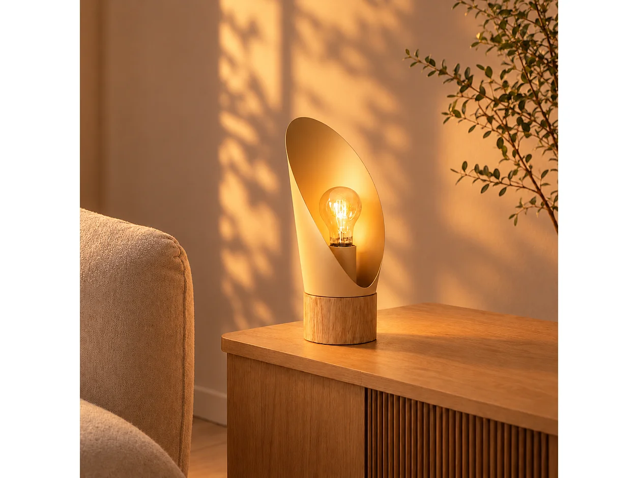 Cremefarbene Metall- und Holz-Tischlampe, H30 cm - Spoon