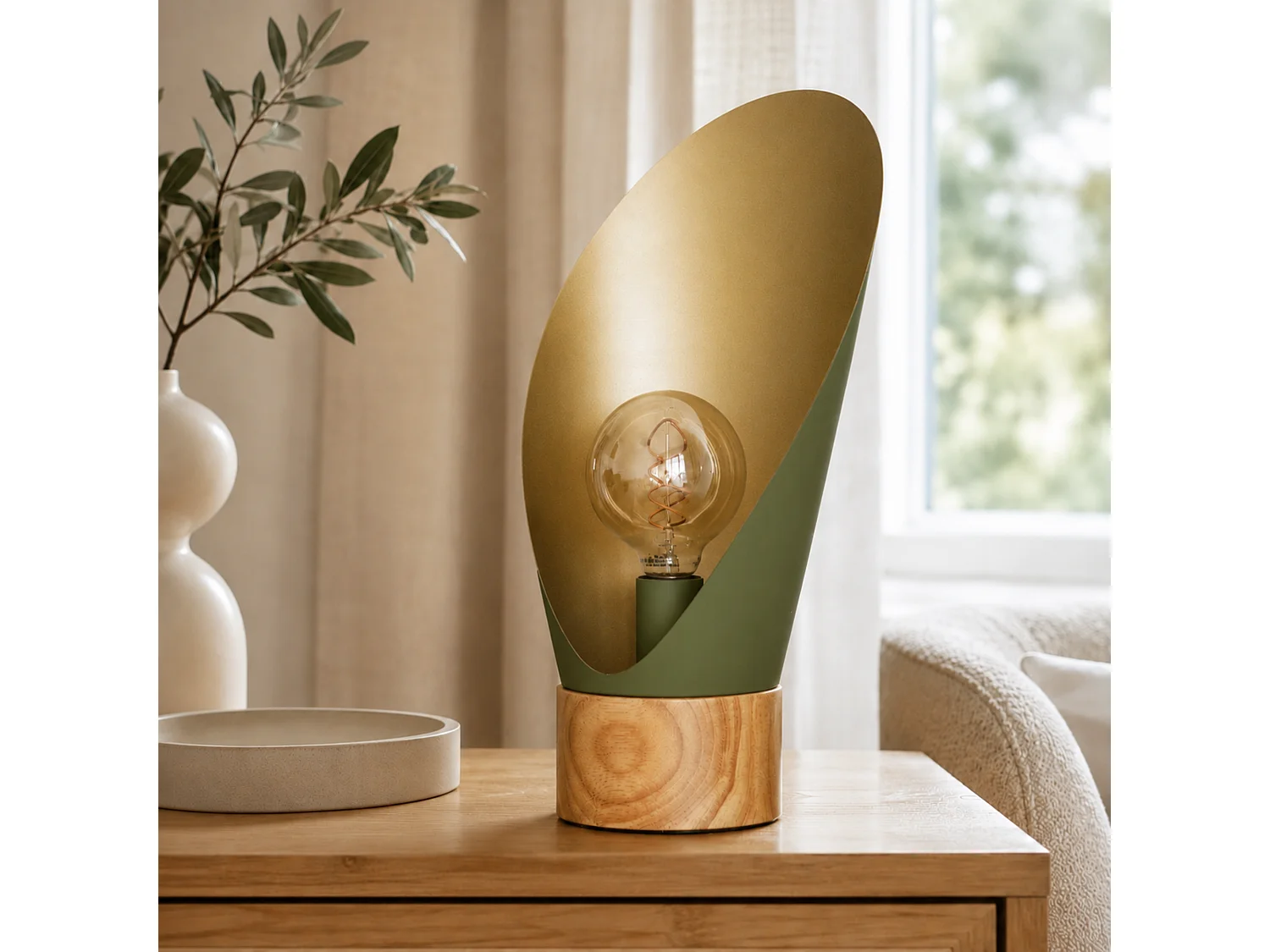 Lámpara de sobremesa de metal verde oliva y madera H44 cm - Spoon