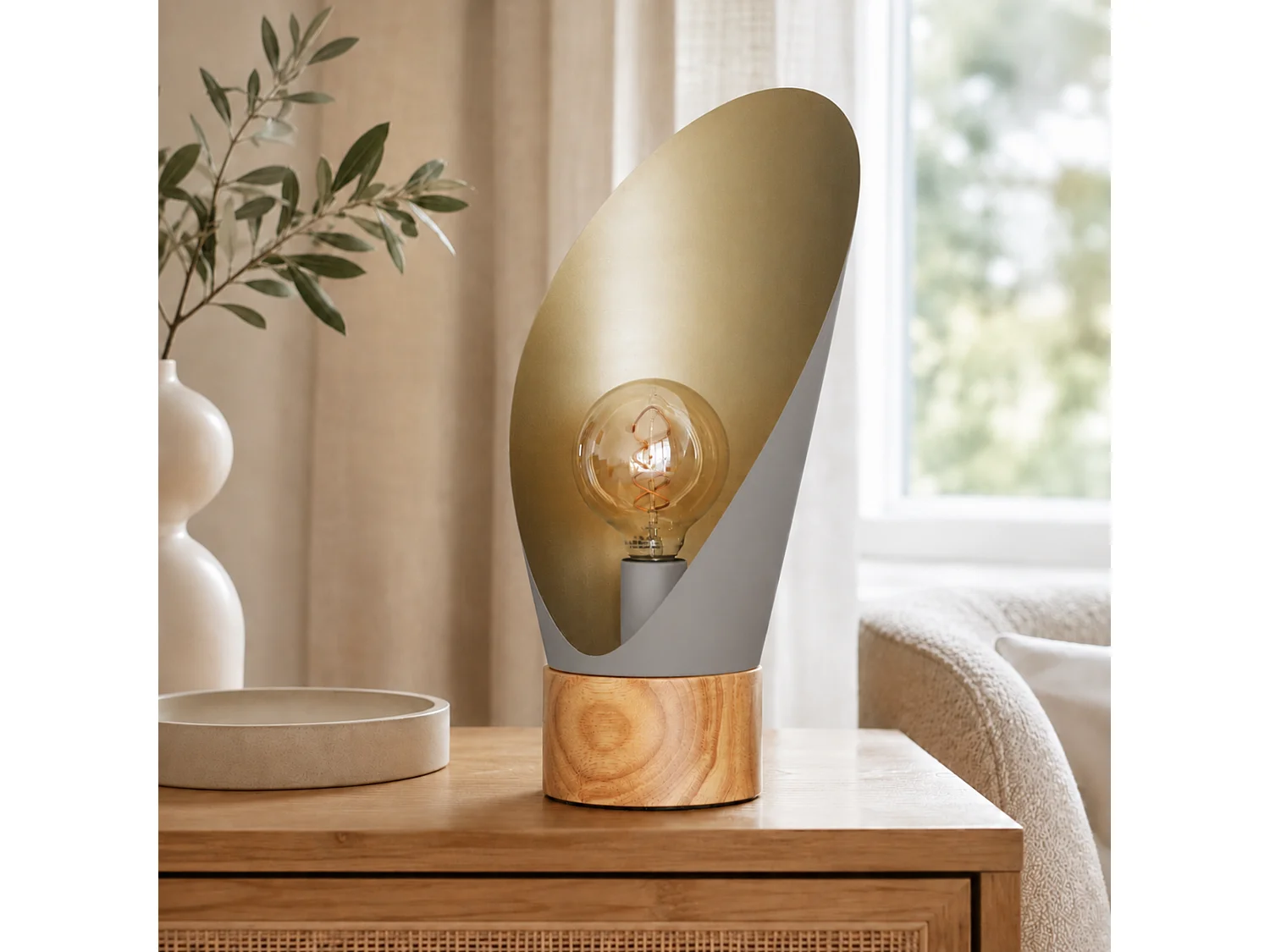 Taupefarbene Metall-Tischlampe mit Holz, H44 cm - Spoon