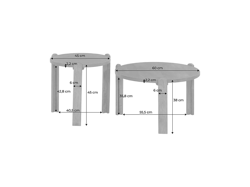 Set di 2 tavolini rotondi in legno di mango, Pallavi, Marrone naturale, 60x50x45 cm