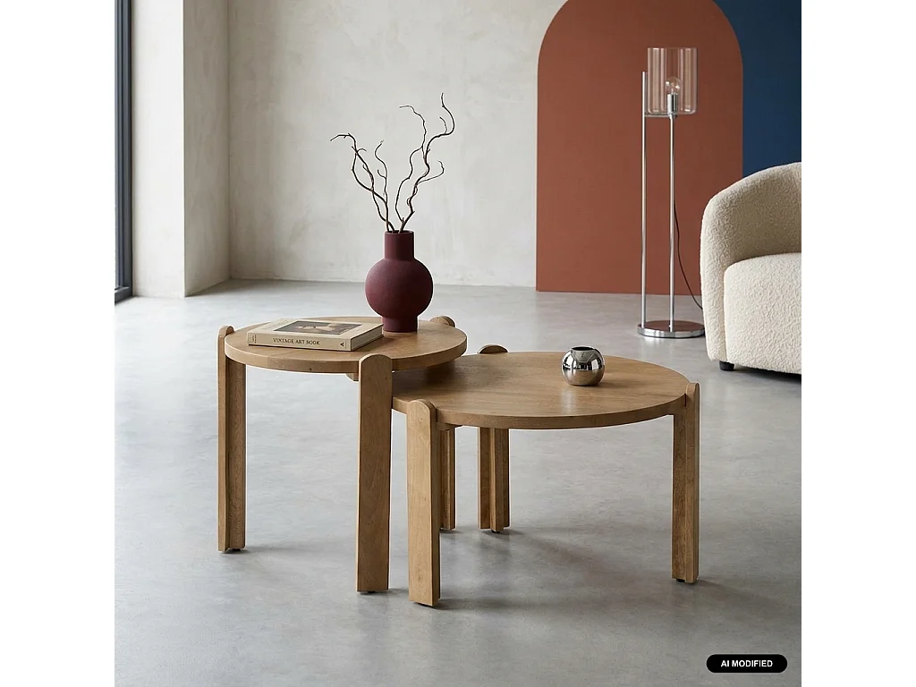 Set di 2 tavolini rotondi in legno di mango, Pallavi, Marrone naturale, 60x50x45 cm