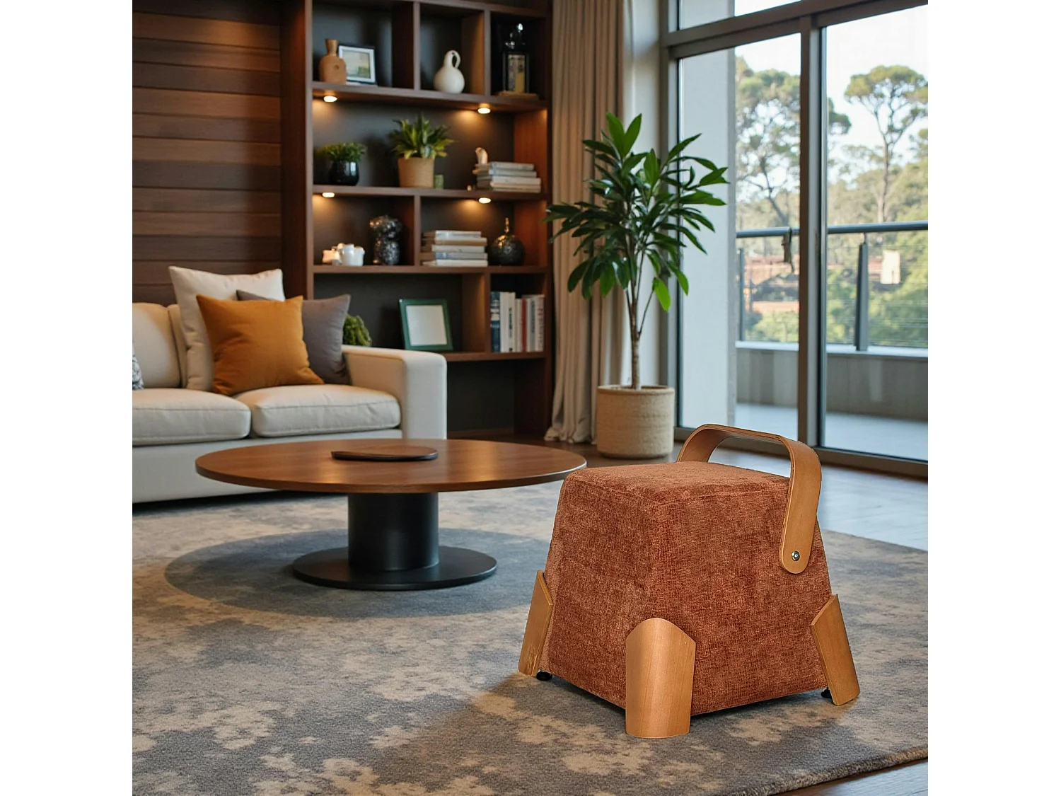 Pouf design terracotta avec poignée en bois IENA
