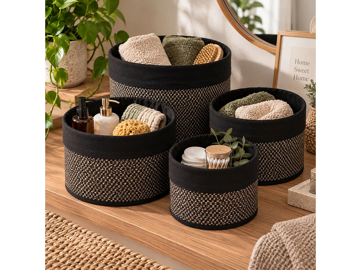 Lot de 4 Paniers de Rangement Ronds en Bambou Tressé et Tissu Noir,Corbeilles Multi-Usages Décoratives
