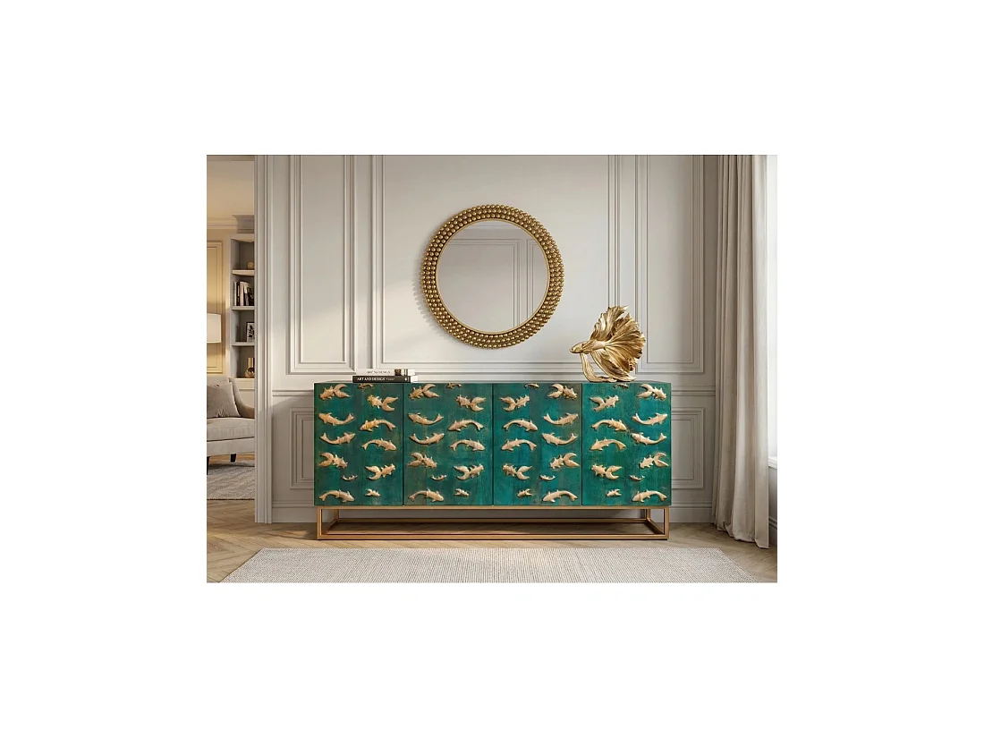 Buffet MIZU 177 cm en bois massif de manguier turquoise – 4 portes – Pieds et détails dorés