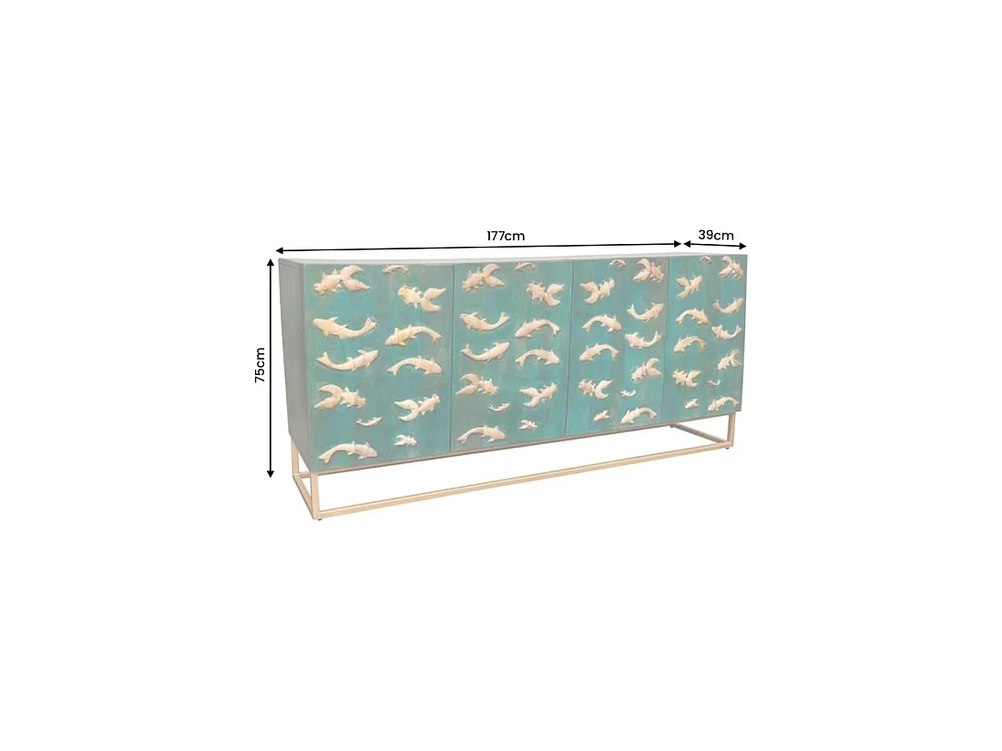 Buffet MIZU 177 cm en bois massif de manguier turquoise – 4 portes – Pieds et détails dorés