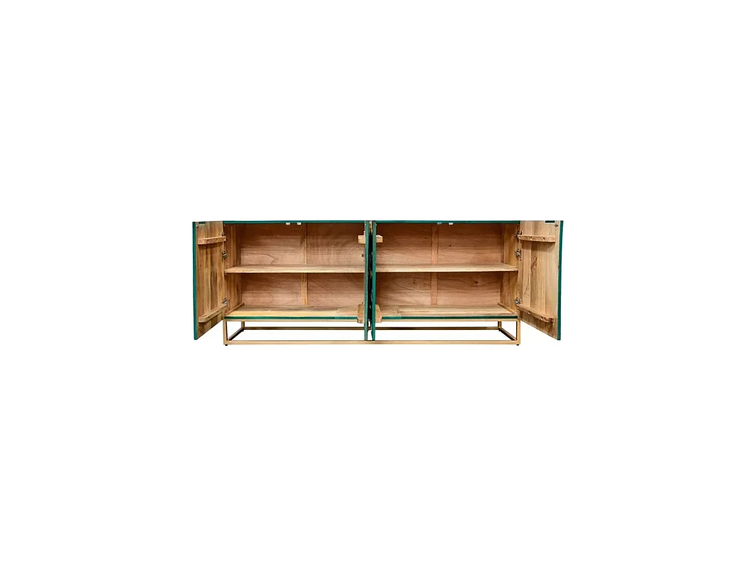 Buffet MIZU 177 cm en bois massif de manguier turquoise – 4 portes – Pieds et détails dorés