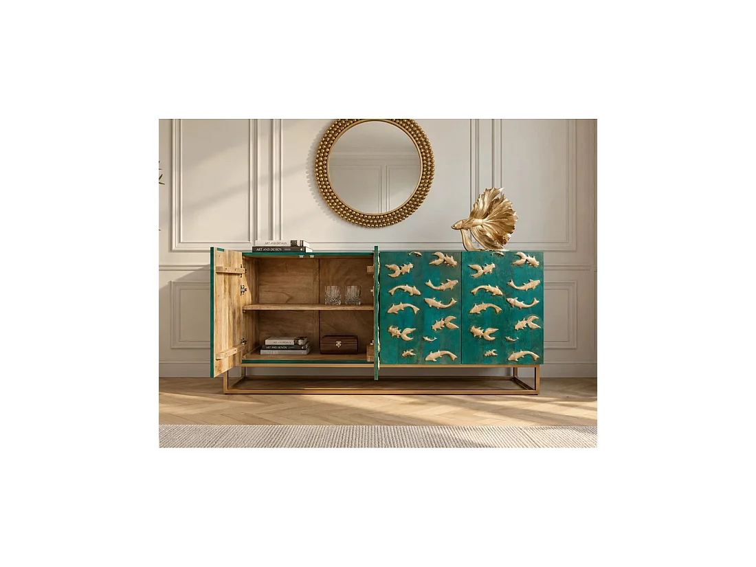 Buffet MIZU 177 cm en bois massif de manguier turquoise – 4 portes – Pieds et détails dorés