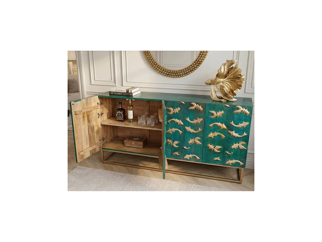 Buffet MIZU 177 cm en bois massif de manguier turquoise – 4 portes – Pieds et détails dorés