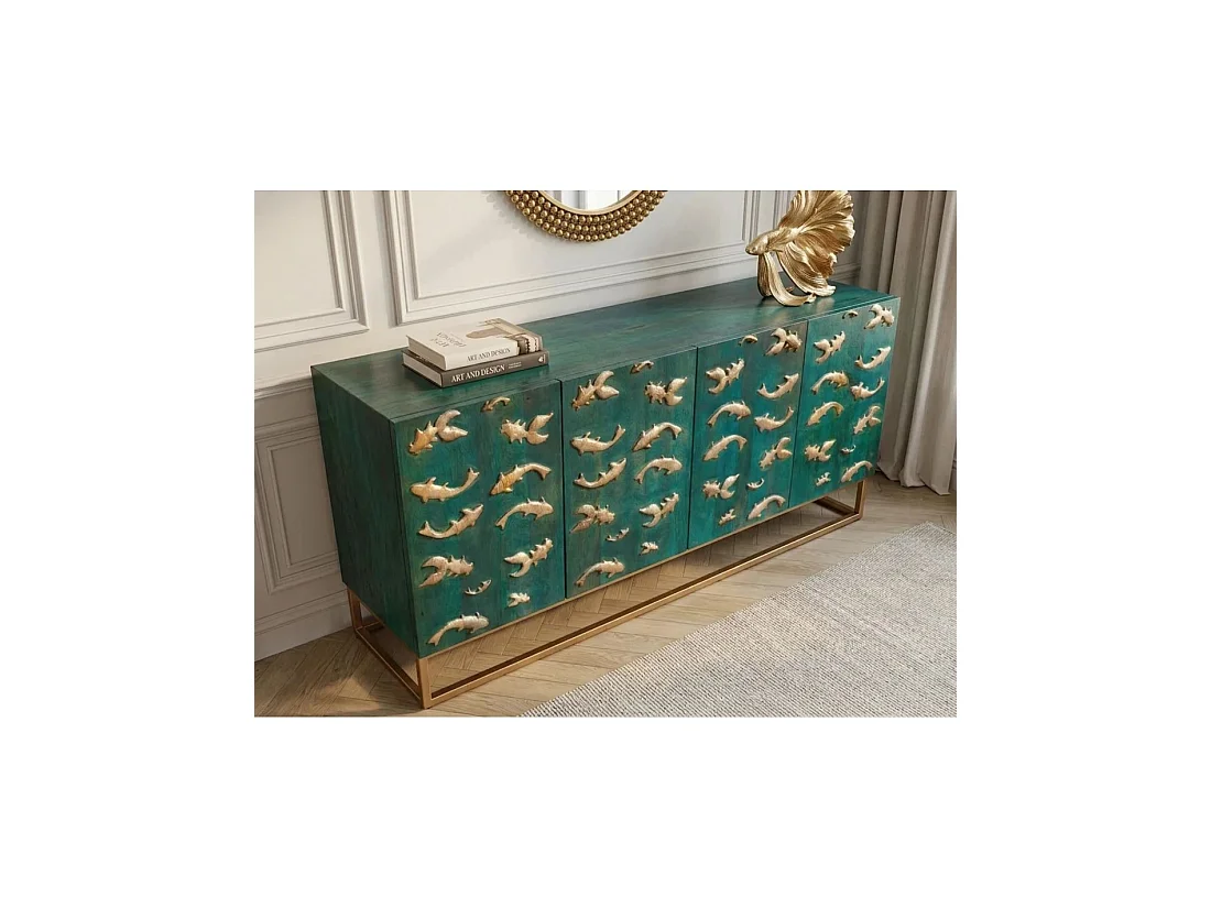 Buffet MIZU 177 cm en bois massif de manguier turquoise – 4 portes – Pieds et détails dorés