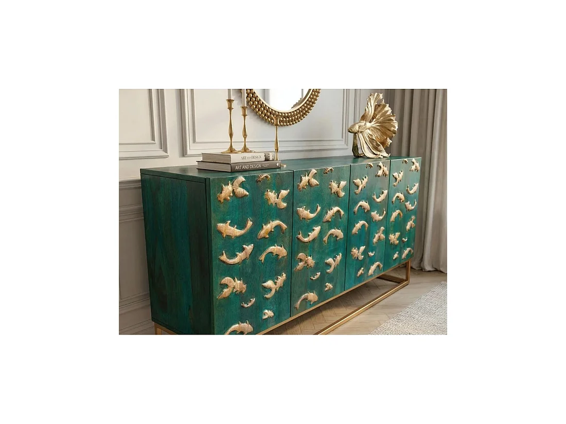 Buffet MIZU 177 cm en bois massif de manguier turquoise – 4 portes – Pieds et détails dorés