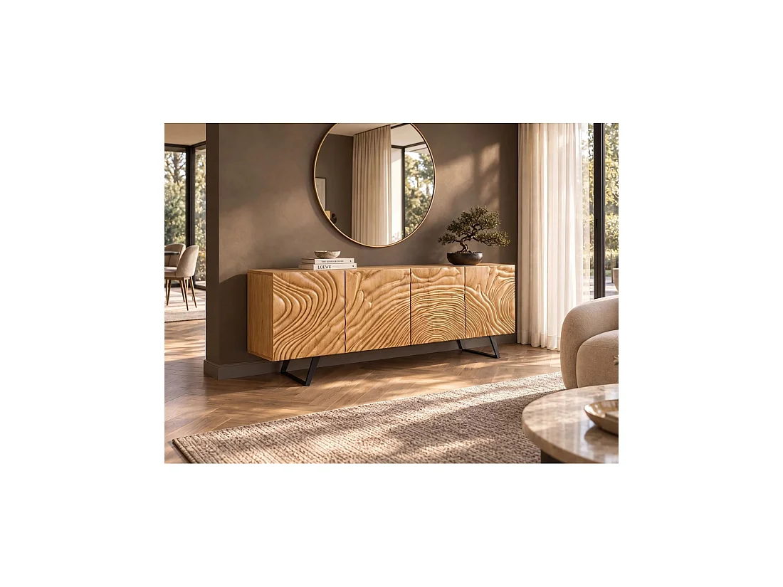 Buffet GAÏA 177 cm en bois massif de manguier clair – 4 portes – Façades sculptées – Marron et noir