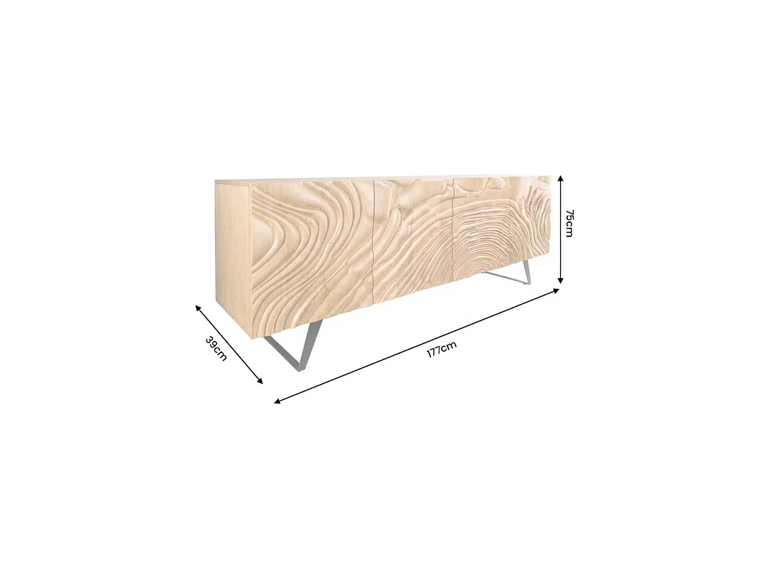 Buffet GAÏA 177 cm en bois massif de manguier clair – 4 portes – Façades sculptées – Marron et noir
