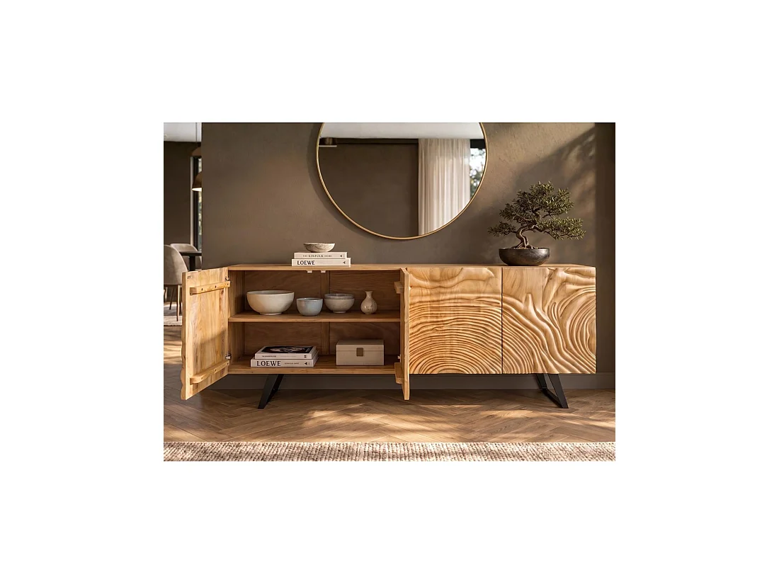 Buffet GAÏA 177 cm en bois massif de manguier clair – 4 portes – Façades sculptées – Marron et noir