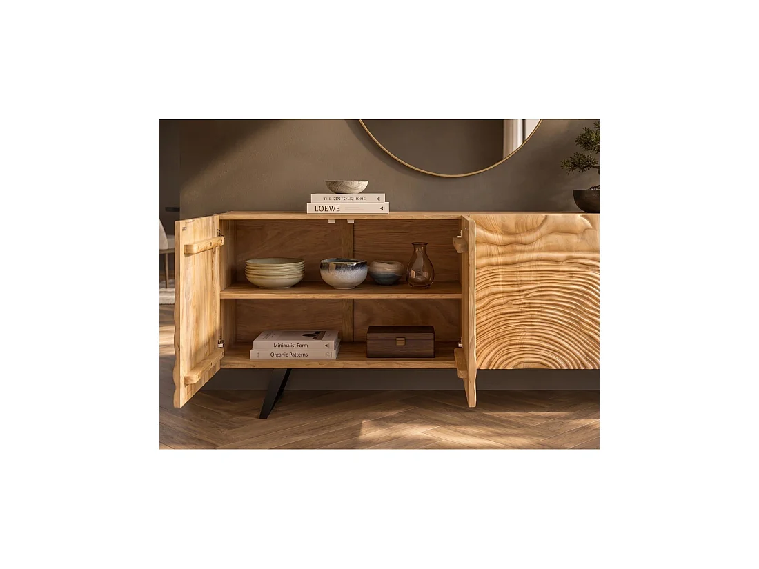 Buffet GAÏA 177 cm en bois massif de manguier clair – 4 portes – Façades sculptées – Marron et noir