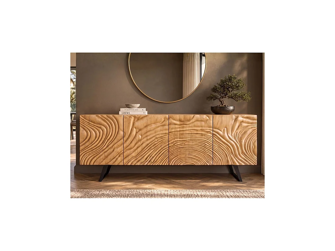 Buffet GAÏA 177 cm en bois massif de manguier clair – 4 portes – Façades sculptées – Marron et noir