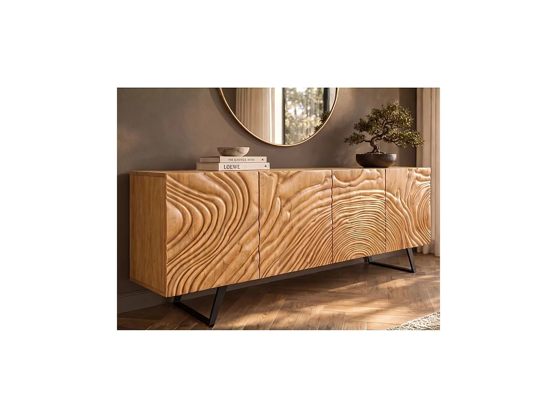 Buffet GAÏA 177 cm en bois massif de manguier clair – 4 portes – Façades sculptées – Marron et noir