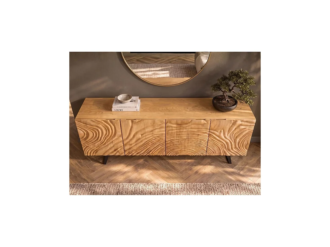Buffet GAÏA 177 cm en bois massif de manguier clair – 4 portes – Façades sculptées – Marron et noir