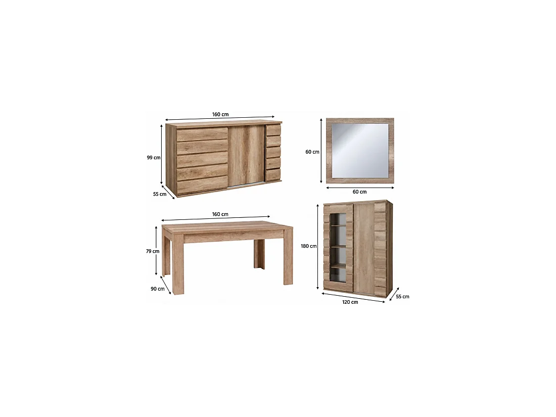 Salle à manger complète ROMI chêne Dab Canyon – Table, buffet, vitrine et 3 miroirs