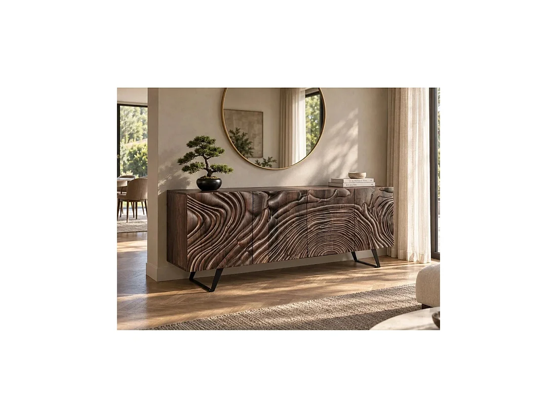 Buffet GAÏA 177 cm en bois massif de manguier foncé – 4 portes – Façades sculptées – Marron et noir