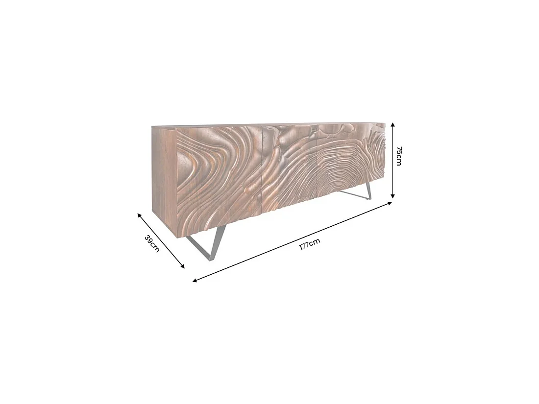 Buffet GAÏA 177 cm en bois massif de manguier foncé – 4 portes – Façades sculptées – Marron et noir