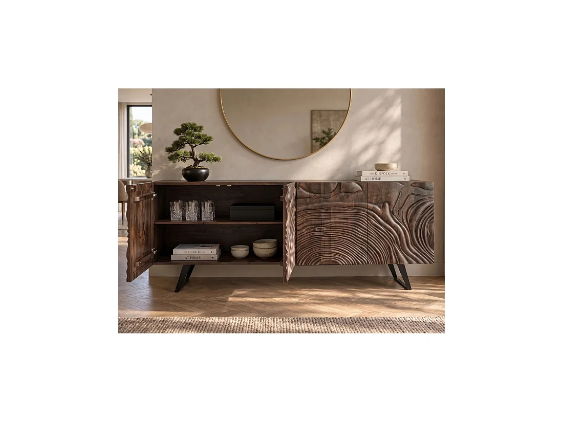 Buffet GAÏA 177 cm en bois massif de manguier foncé – 4 portes – Façades sculptées – Marron et noir