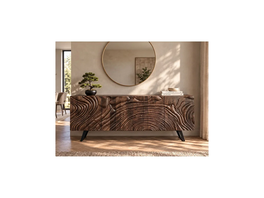 Buffet GAÏA 177 cm en bois massif de manguier foncé – 4 portes – Façades sculptées – Marron et noir