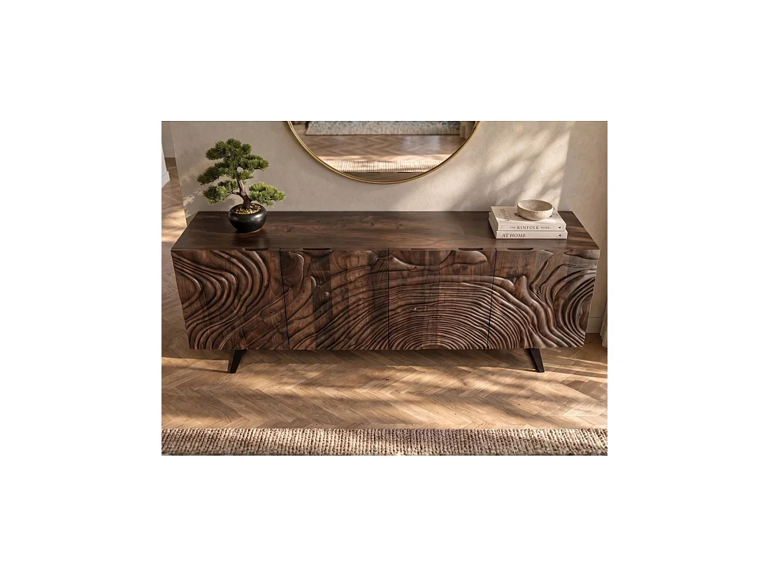 Buffet GAÏA 177 cm en bois massif de manguier foncé – 4 portes – Façades sculptées – Marron et noir