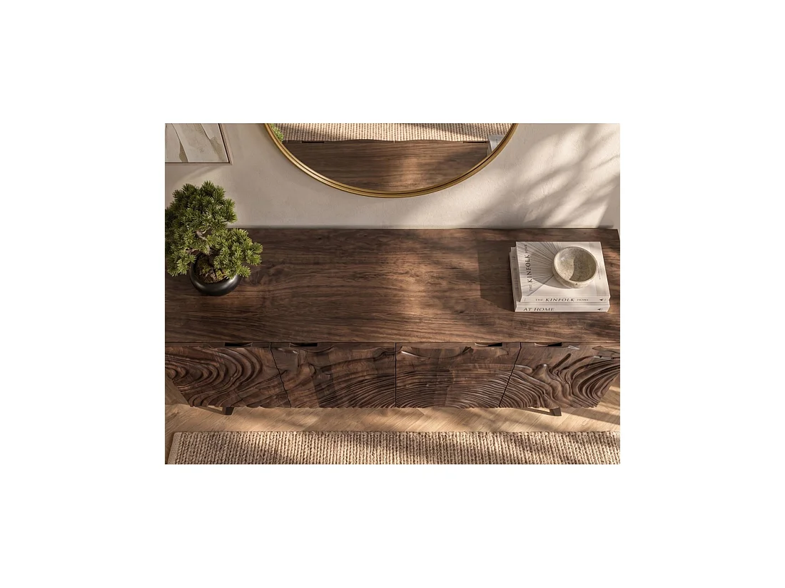 Buffet GAÏA 177 cm en bois massif de manguier foncé – 4 portes – Façades sculptées – Marron et noir