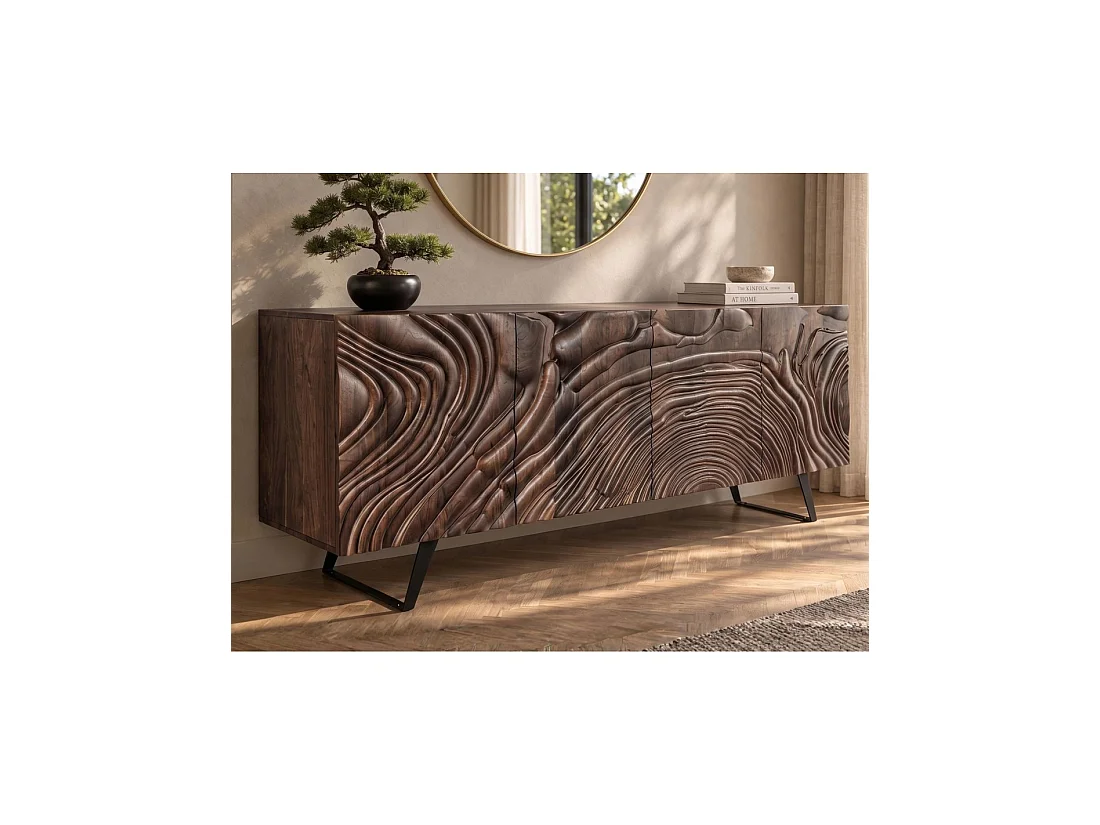Buffet GAÏA 177 cm en bois massif de manguier foncé – 4 portes – Façades sculptées – Marron et noir